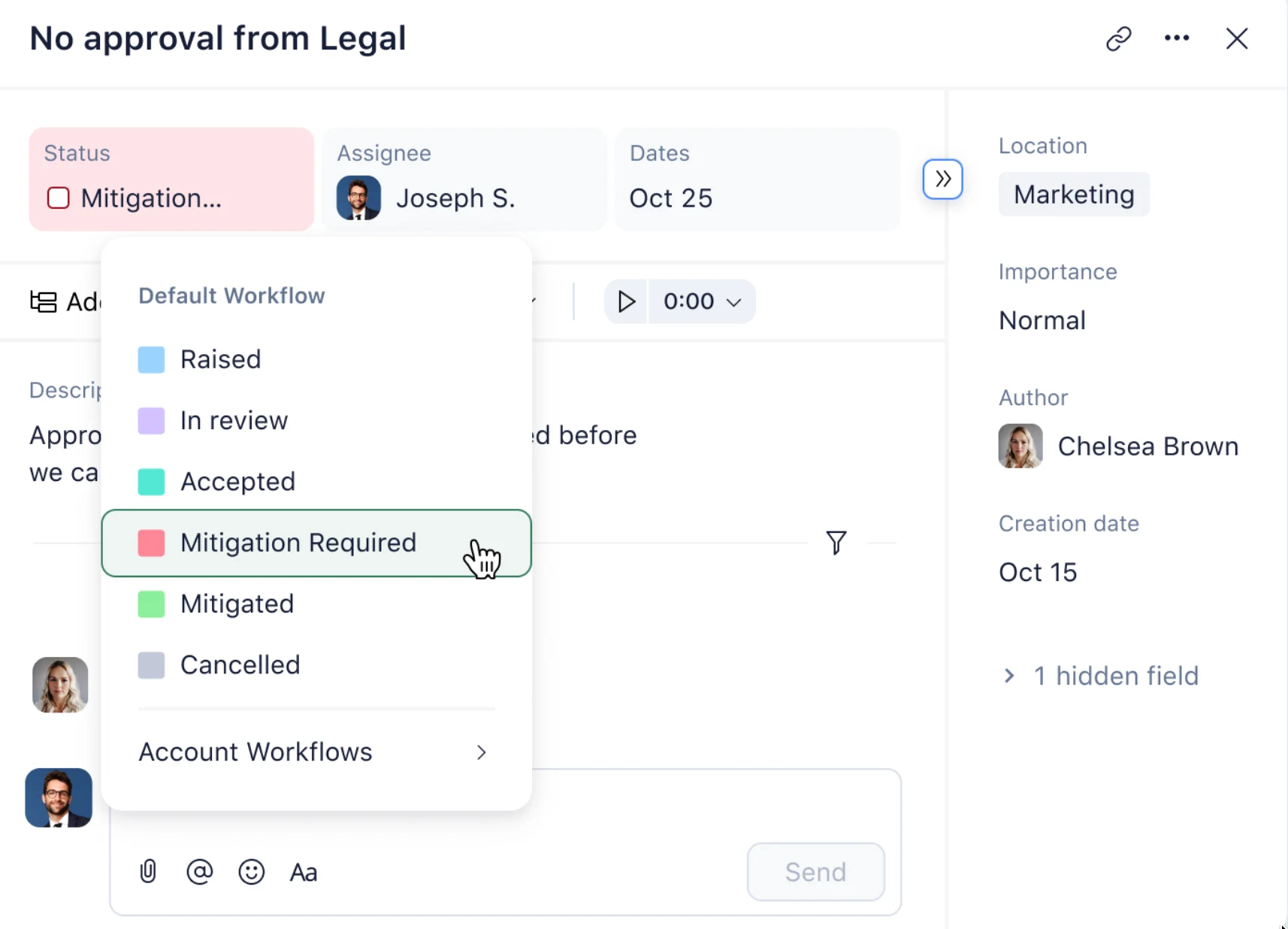Wrike task view showing legal workflow status options such as raised, in review, accepted, mitigation required, and completed, with task details and assignee.